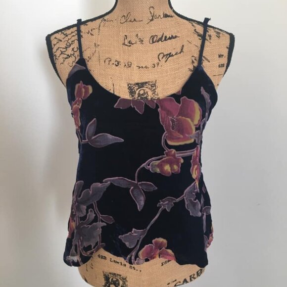 Navy Blue Floral Velvet Velour Cami Tank Top - Picture 1 of 4